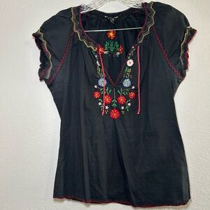 Lucky Brand Black Embroidered Blouse floral women’s medium tropical resort